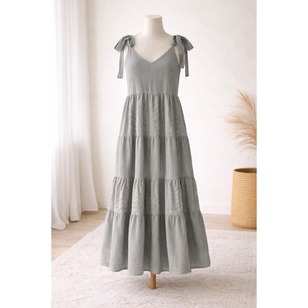 Amadi Grey Tiered Maxi Dress Boho Lagenlook Flowy Textured Tie Strap Beachy M